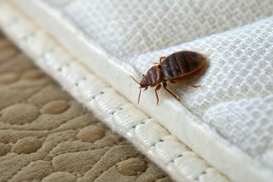 The image shows a brown bed bug with a segmented, oval-shaped body crawling on the edge of a white mattress or bedding material.